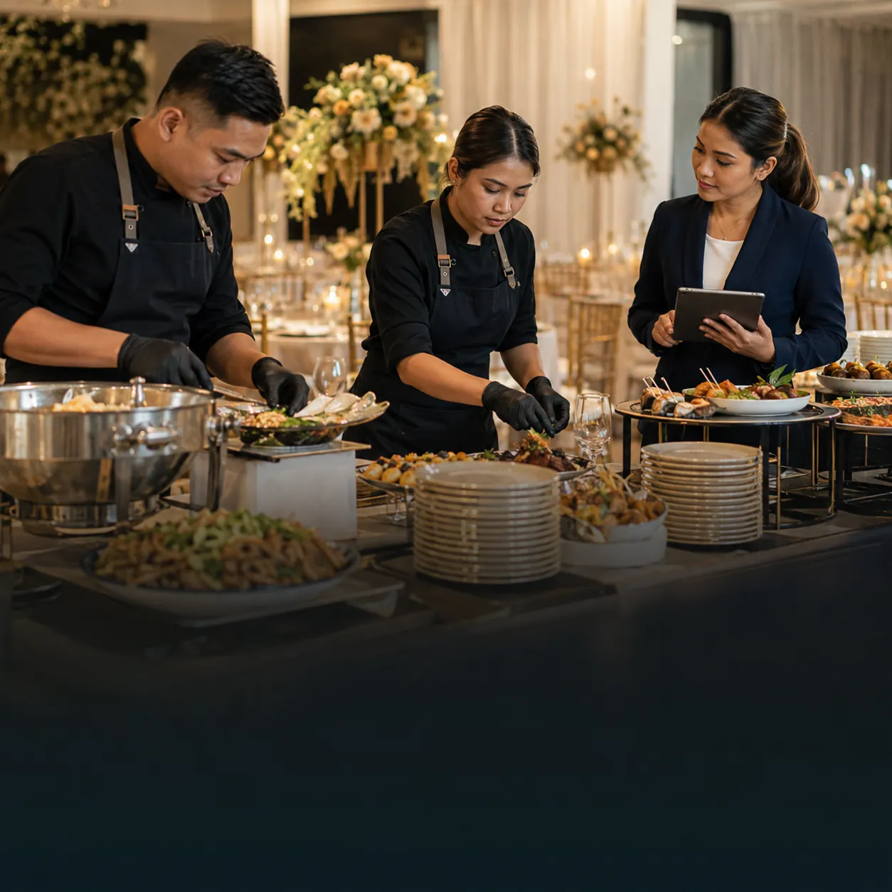 Independent catering professionals preparing an event buffet while a coordinator reviews the setup.